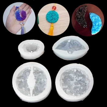 

4PCS Silicone Pendant Mould Resin Carved Jade Lotus Flower Jewelry Making Tools