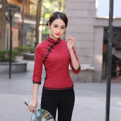 Sheng Coco S-4XL плюс размер традиционное китайское платье-Чонсам рубашки темно-синий женский Чонсам блузка Ципао из хлопка топы - Цвет: red qipao top