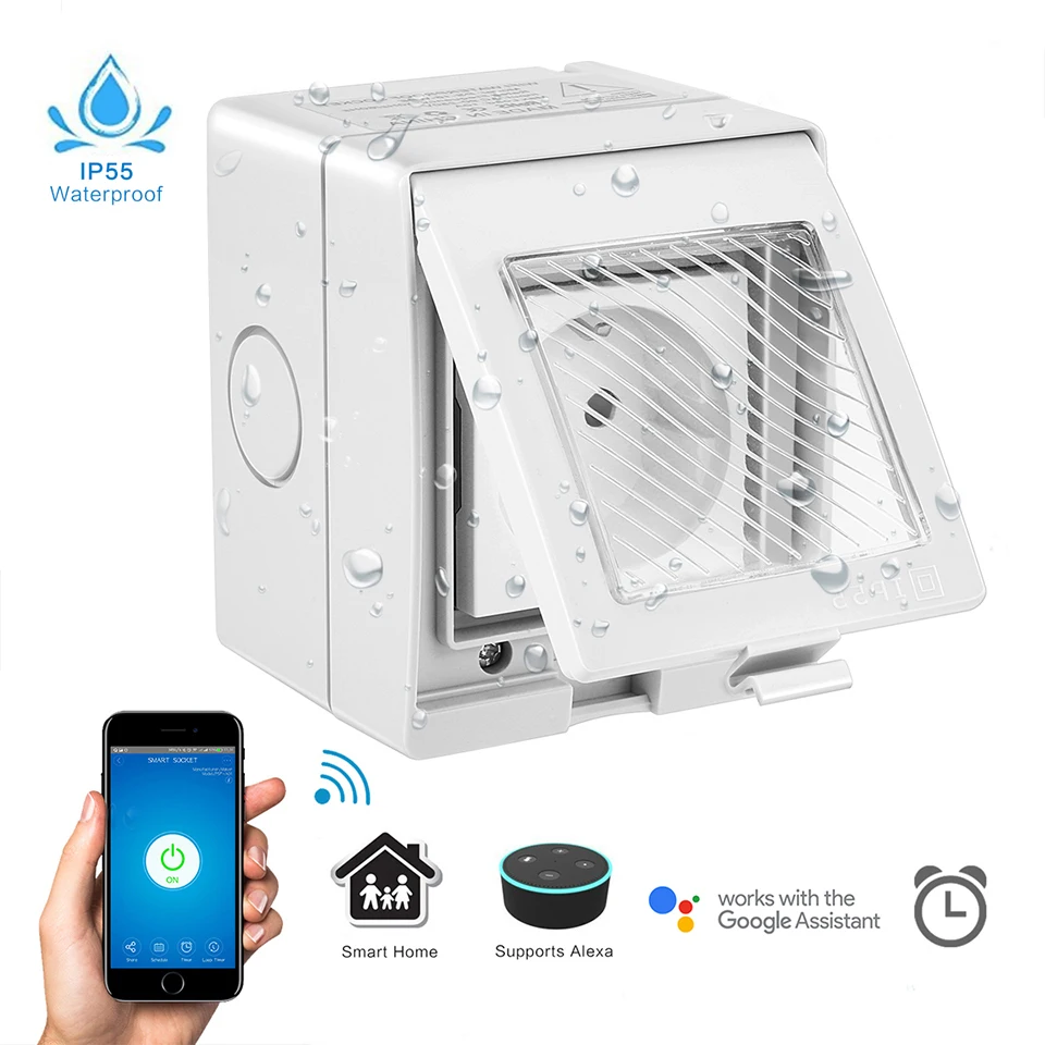 

IP55 Waterproof Wireless WiFi Smart Socket Intelligent Outlet US/ EU/ UK Plug Adapter Support Alexa/Google for Android iOS