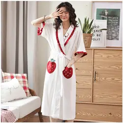 Пижамный комплект для женщин халат хлопок летние пижамы Тонкий домашний платье короткий рукав длинный клубника завязывается