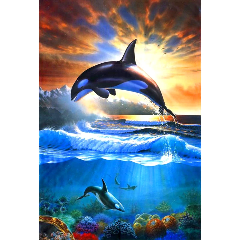 

wall decor art 5D diy diamond painting Dolphins swim round drill full diamond embroidery new needlework home decoration RD12