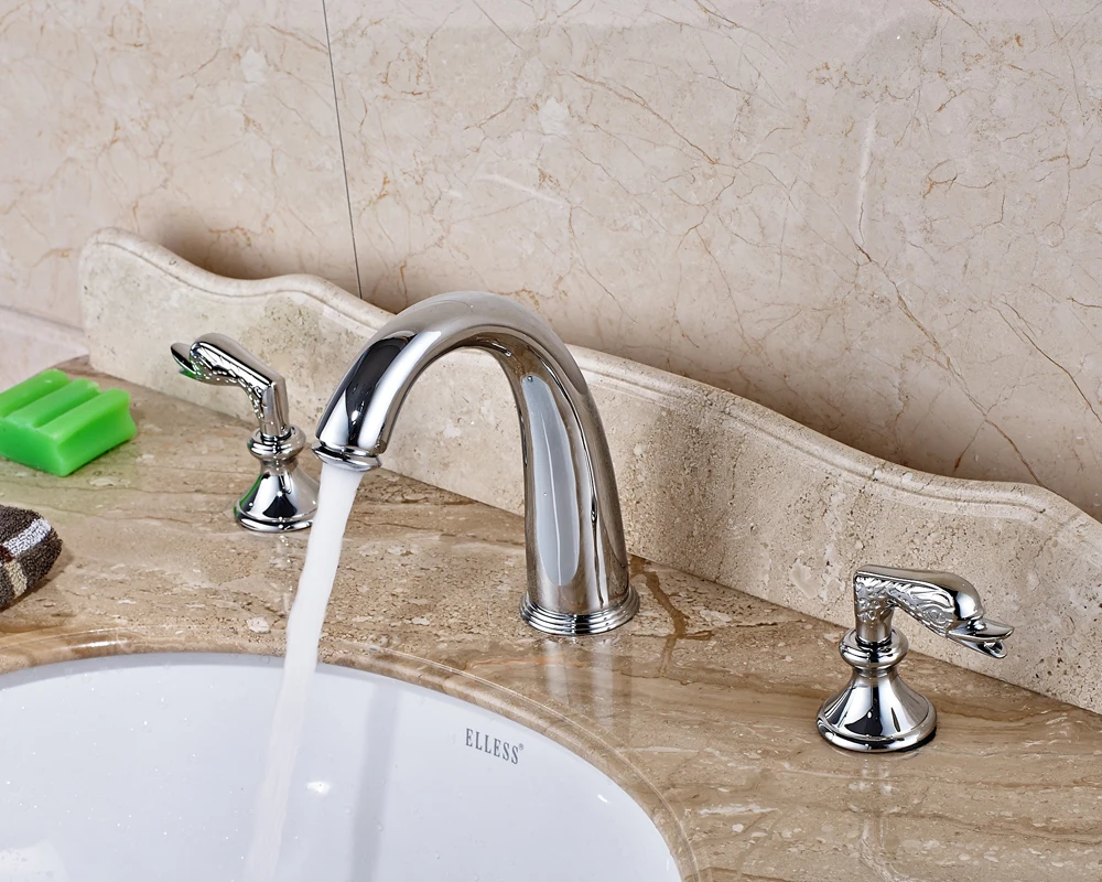 

Widespread 3pcs Waterfall Spout Deck Mounted Bathroom Sink Faucet 3-Hole Mixer Tap Chrome Finished