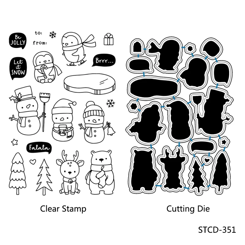 

AZSG Winter Lovely Penguin Snowman Bear Cutting Dies Clear Stamps For DIY Scrapbooking/Album Decorative Silicone Stamp Crafts