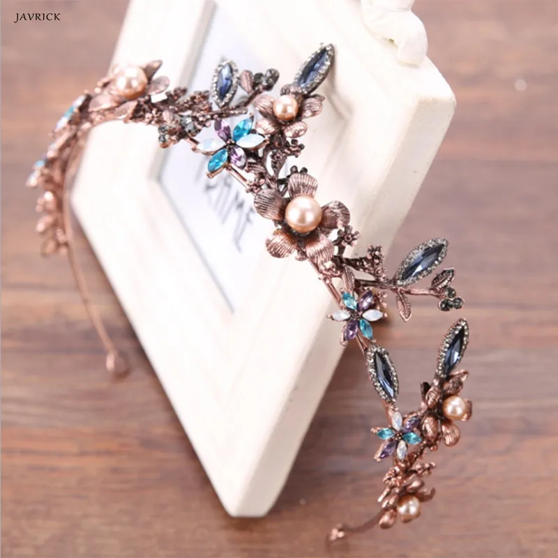 

JAVRICK Baroque Bride Bridesmaid Crown Colorful Bronze Headwear Vintage Luxury Wedding Hair Tiaras Jewelry Hair Accessories