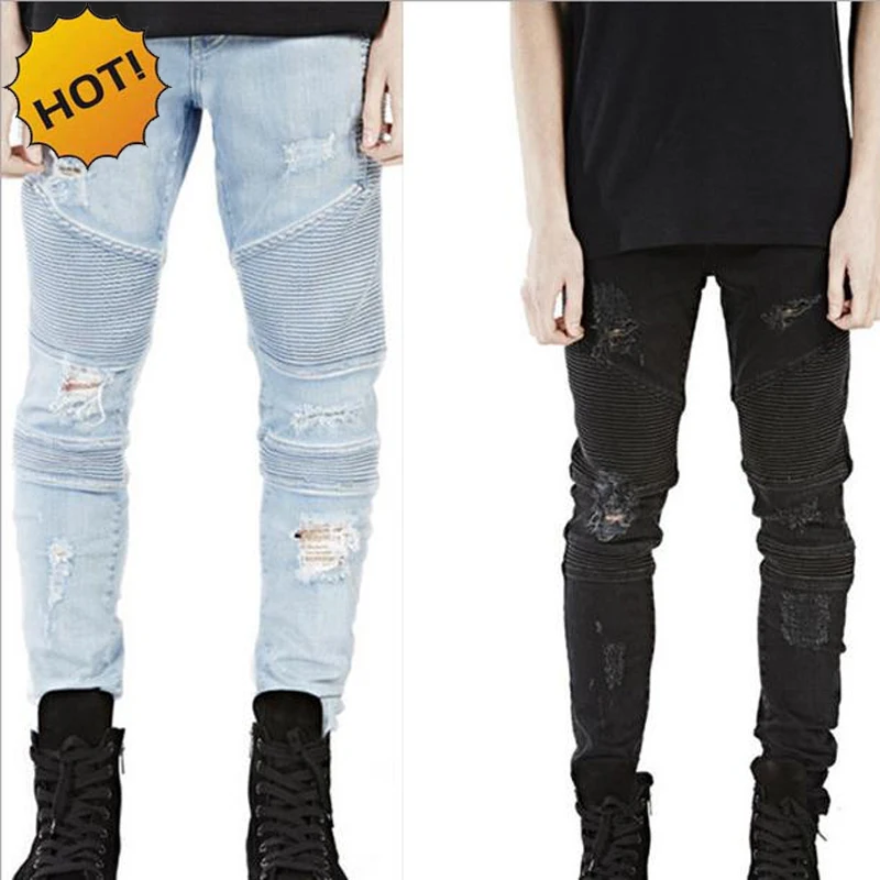 

Hot 2016 Hip Hop Hole Ripped Jeans Men Fashion Pleate Runway Distressed Biker jeans Blue/Black Motorcycle Tousers Bottoms 28-40