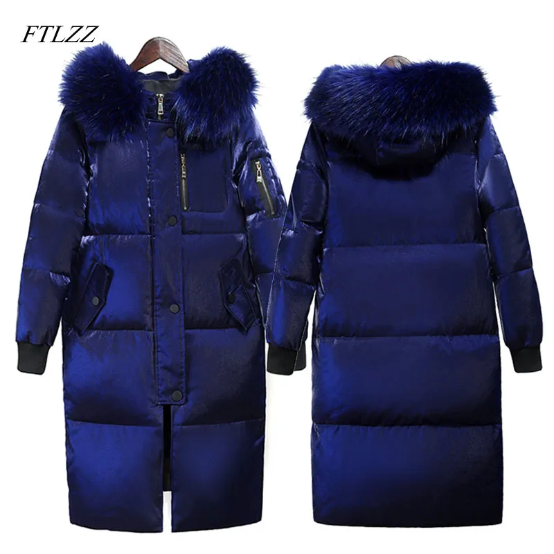 FTLZZ larga de invierno de las mujeres chaqueta grande Collar de piel con capucha de pato blanco abajo largo abrigo mujer Slim nieve prendas de vestir exteriores - 1