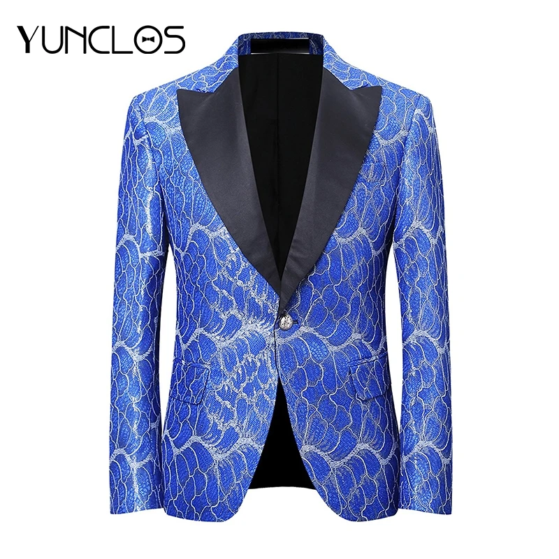 

YUNCLOS Latest Design Men Suit Jacket Fashion Printing Blue Red Jacket Homme Marriage Masculino Best Men's Blazer Plus 6XL