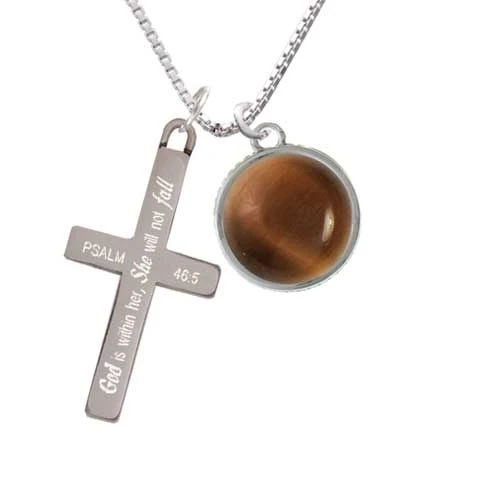 Round - Imitation Cat's Eye - Brown - - She will not Fall - Cross Necklace (1)