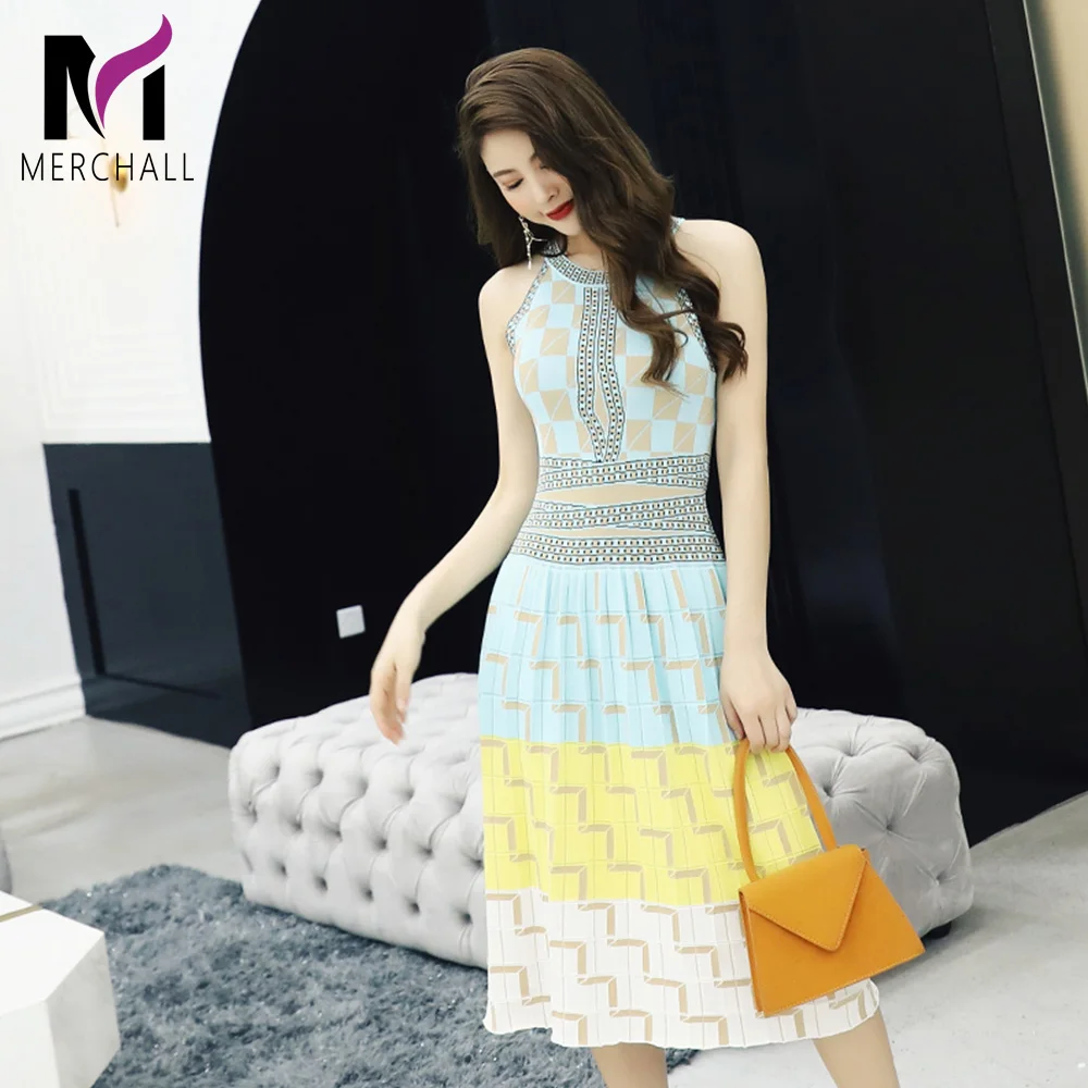 

2019 Summer Beach Geometry Plaid Printed Knitted Dress Women Sexy Halter Sleeveless Slim Holiday Knitting Vest Dress