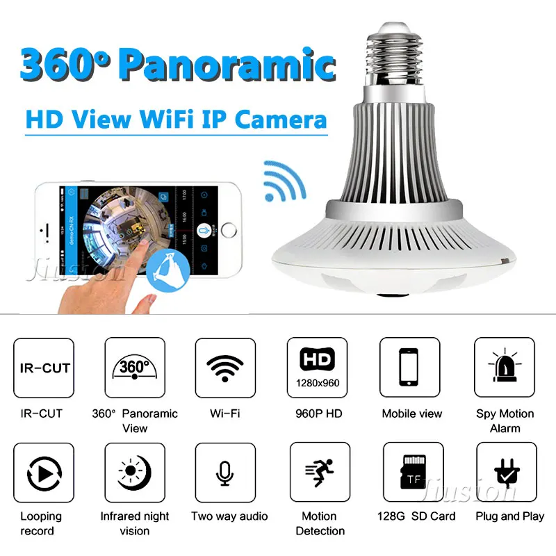 

360 Degree Video Camera Wifi Light Bulb Wireless IP Mini Cam FishEye Smart Home CCTV 3D Home Espia Panoramic Surveillance