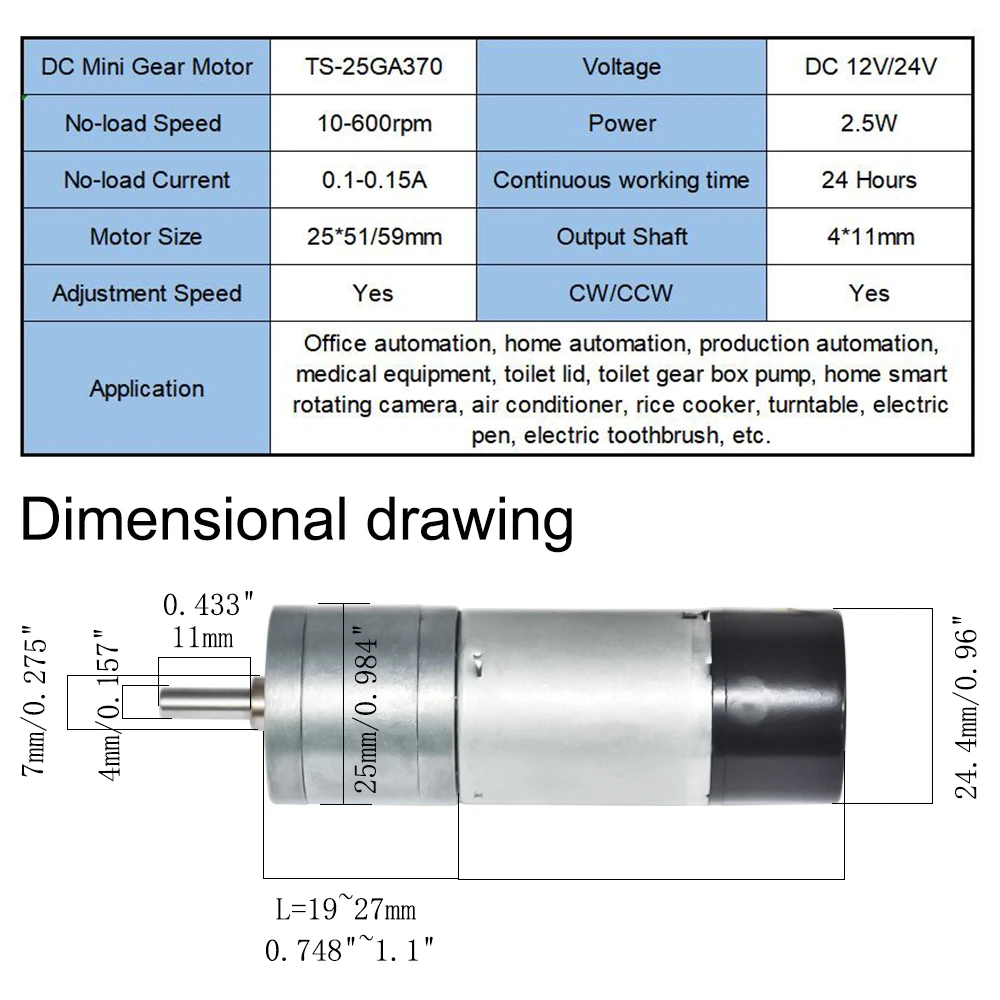 25GA370 24 V DC 12 V Motor de engranaje con doble canal Encoder para DIY Parte 10 15 25 35 60 80 130 de 150 de 300 a 600 rpm (velocidad opcional)