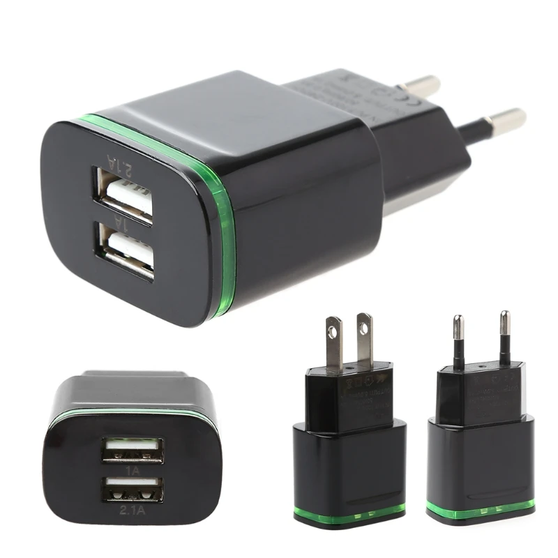 

OOTDTY New Universal 5V 1A 2.1A Dual USB LED Light Wall AC Power Charger Adapter US/EU Plug Black