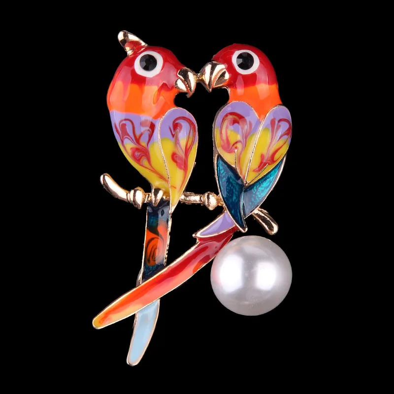 

Vintage New Fashion Dual Bird Kiss Love Parrot Brooches Cute Animal Epoxy pearl Brooches & Pins For Women Gifts