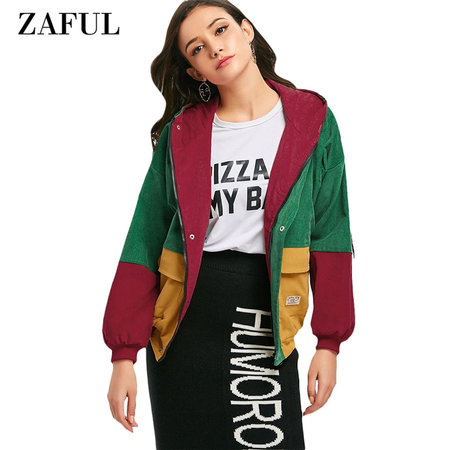 ZAFUL Casual chaqueta abrigo Patchwork bloque de Color con capucha bolsillo de pana de invierno de otoño chaqueta abrigos ropa mujer|chaquetas básicas| - AliExpress