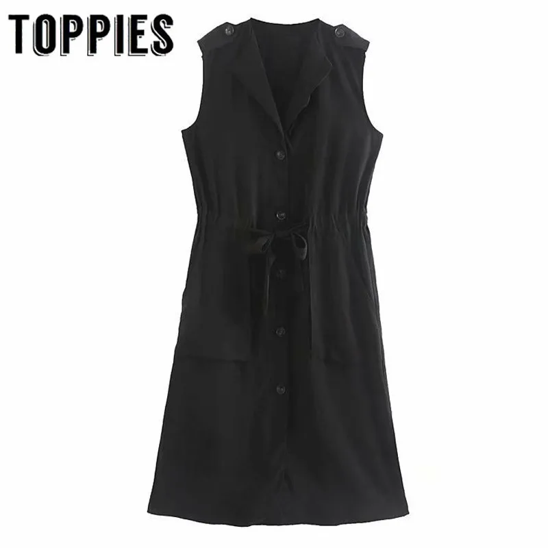 

2019 Black Tank Dress Women Sleeveless Vest Summer Button Long Dress Lace Up Waist V Neck vestidos
