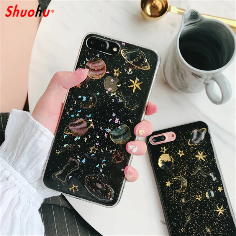 Shuohu Роскошные пространство планеты блеск телефон чехлы для iPhone 7 8 Plus Мягкие TPU