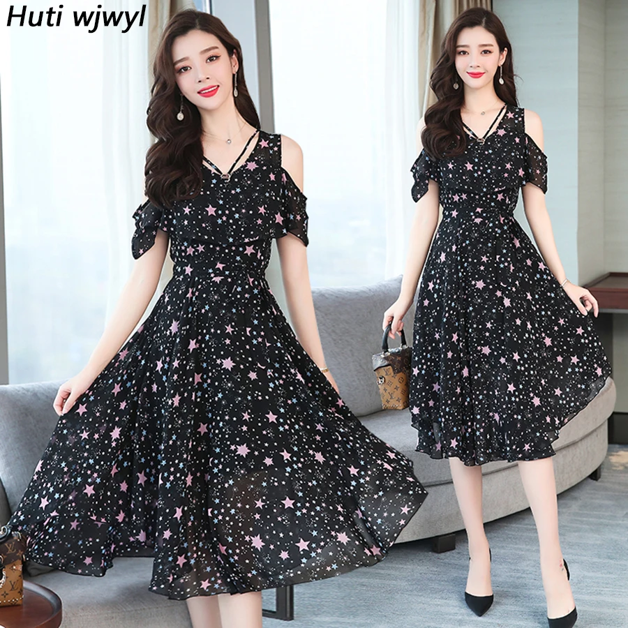 

2019 Korean Vintage Plus Size Boho Midi Dress Summer Print Chiffon Sexy Beach Sundress Elegant Women Short Sleeve Party Vestidos