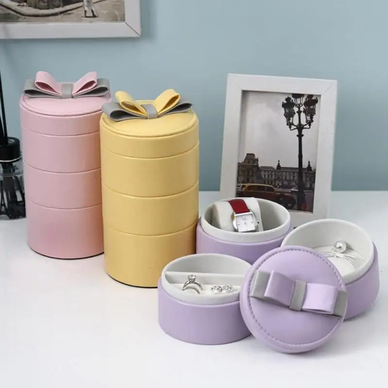 Round Cosmetic Jewelry Storage Box Three Layers Women Beauty Case Travel Bow Multi-Storey Organizer Accessories S3 | Дом и сад