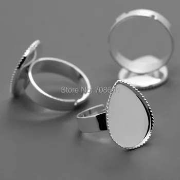 

Blank Rings Settings with Teardrop Bezel tray Bases Resin Cabochons Adjustable Rings Findings DIY Making Rhodium tone plated