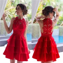 2017 Charming Red Cocktailkleider Vintage Spitze Short Mini Formale Kleider Jewel Neck Tiers Organza Knielangen Short-partei-kleid