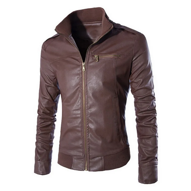 

Men Fashion Stand Collar PU Leather Jacket Autumn Zipper Slim Men Coat Vintage Motorcycle Streetwear Solid Casual Veste Homme