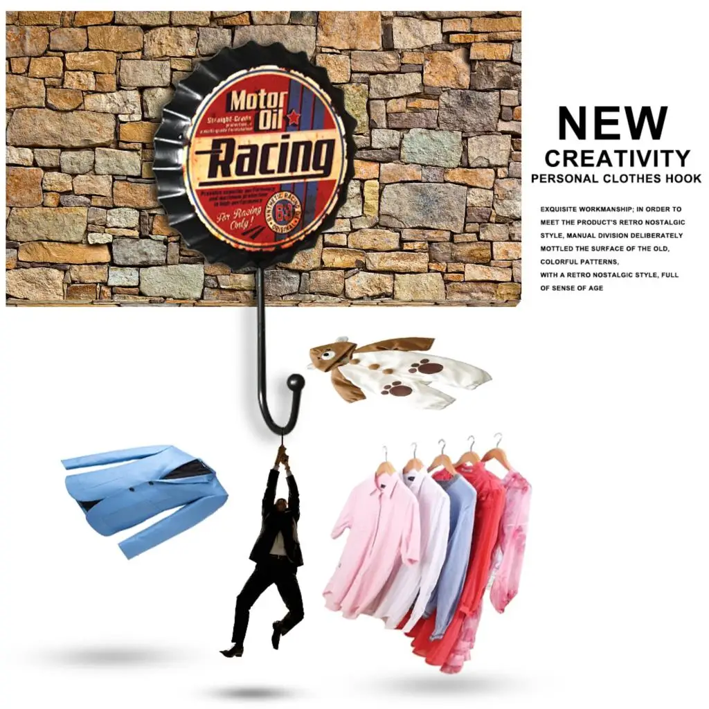 

NOCM-New Retro Creative Beer Cover Hook "Motor Oil Racing" Character Personality Hook Dressing Room Clothes Hook Home Wall Cra