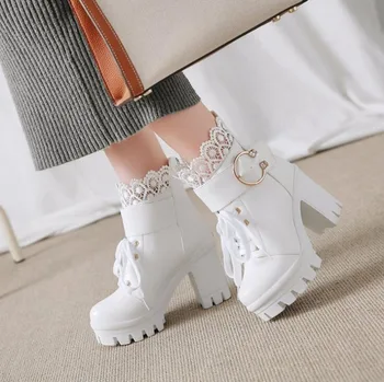 

Thick with Bare Boots Women's Belt Buckle Martin Boots Autumn and Winter New Lace Trim Round Head Boots High Heel Women's Shoes