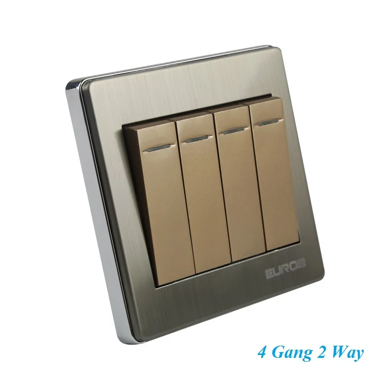 

High Quality E9 Series Brushed Stainless Steel Gold Wall Switch With Fluorescence 4 Gang Double Control Switch 86*86mm