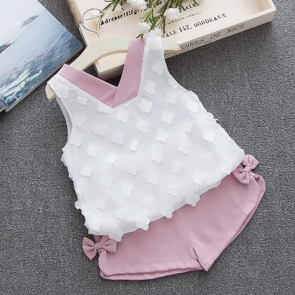

MUQGEW New Fashion Toddler Kids Baby Girls Outfits Summer Clothes Bowknot T-shirt Vest+Shorts Set 2019