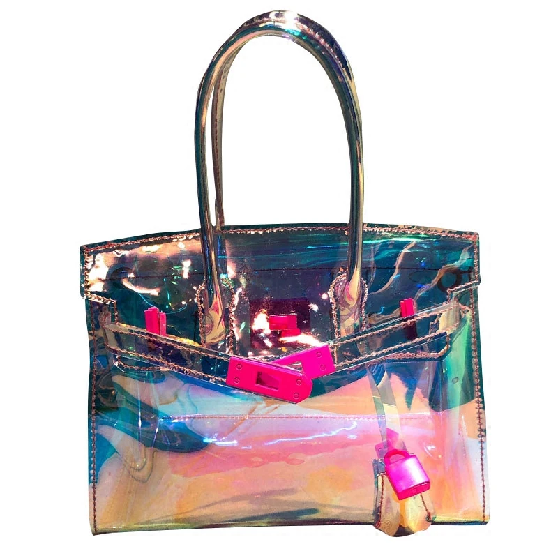 

Fashion Hologram Handbag Women Summer Transparent Beach Bag Small Messenger Bag Girls Holiday Pvc Plastic Handbag with Lock