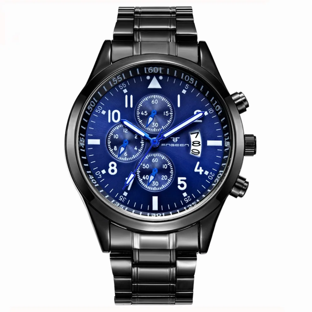 Часы мужские Роскошные серебристые черные модные повседневные кварцевые из