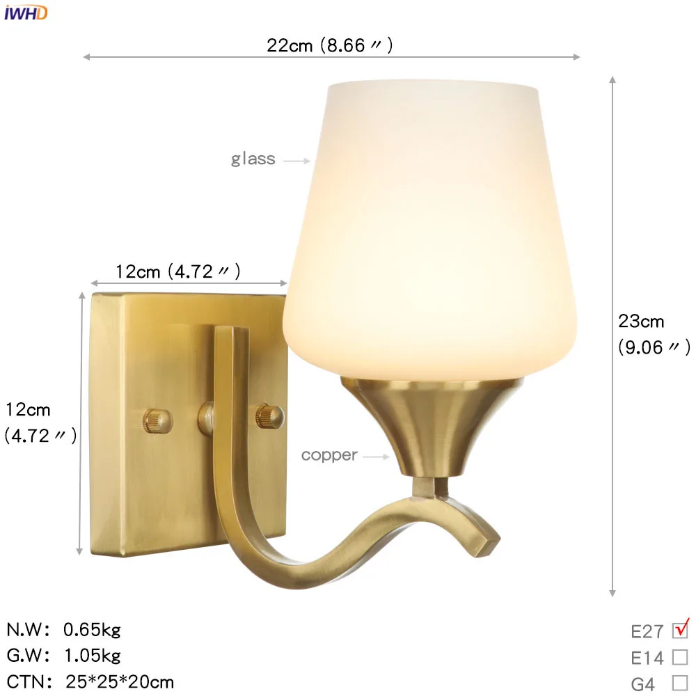 IWHD Скандинавский современный медный настенный светильник, светодиодный светильник для спальни, ванной комнаты, зеркальный светильник, винтажный стеклянный шар, настенные светильники бра с креплением, Wandlamp