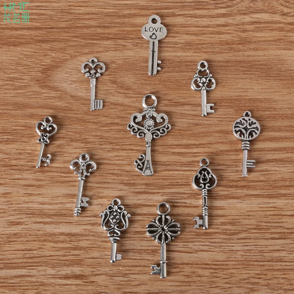 

New Arrival 10 Styles Mix Sizes Key Shape Antique Silver Plated Zinc Alloy Charm DIY Bracelet Necklace Pendant Jewelry Finding