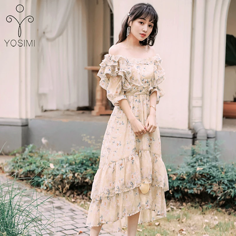 

YOSIMI 2019 Summer High Quality Midi Elegant Chiffon Print Dress Slash Neck Off The Shoulder Dress Tunic Mid-Calf Fit and Flare