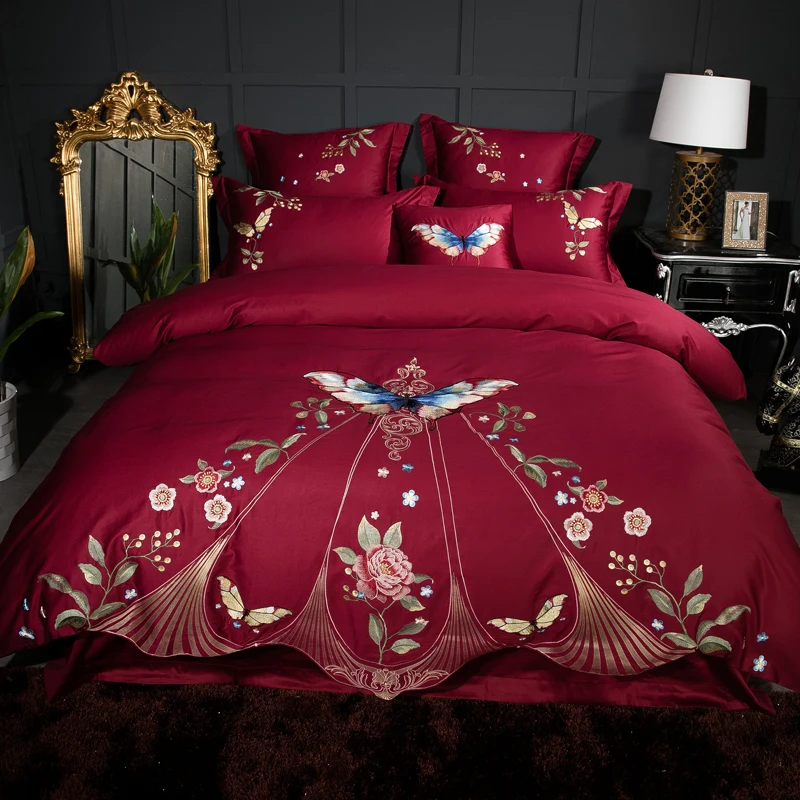 Dark Red Embroidered Duvet Quilt Covers 4pcs Egyptian Cotton Satin