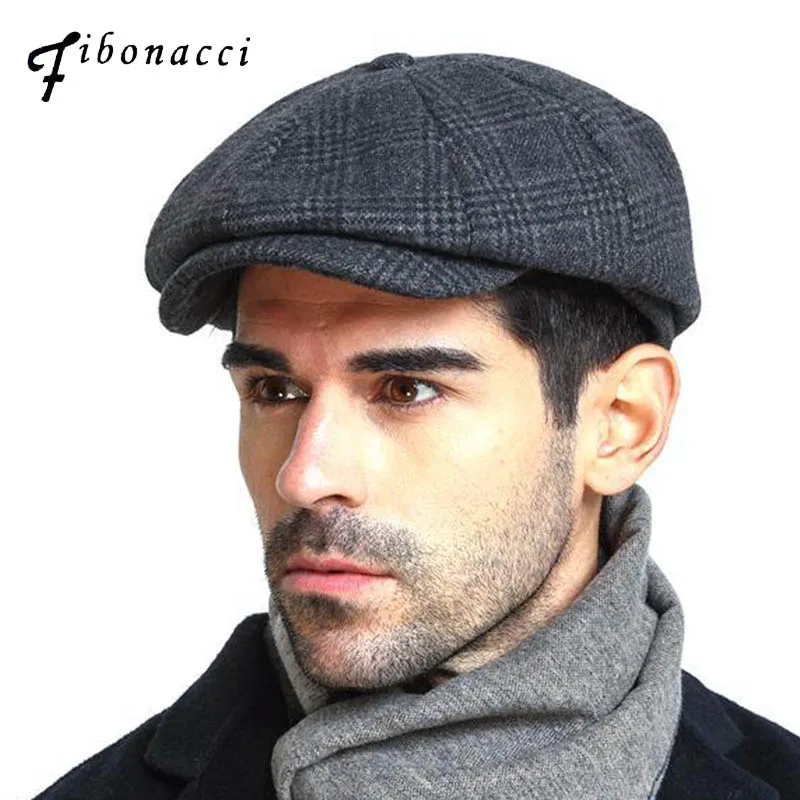

Fibonacci 2018 New Brand Quality Wool Plaid Beret Hats For Men Caps Autumn Winter Dad Newsboy Hat