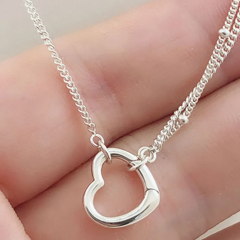 

New Two Chains Open Love Heart Chain Link Necklace For Women Wedding Gift Pandora DIY Jewelry 925 Sterling Silver Necklace