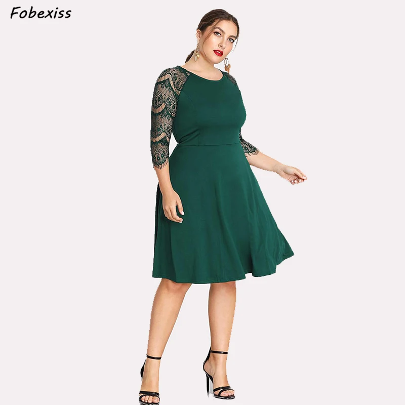 

Sexy Elegant Office Lady Midi Dress Plus Size High Waist Slim Fit O Neck Party Dress Fall 2019 Lace Green Woman Summer Dress