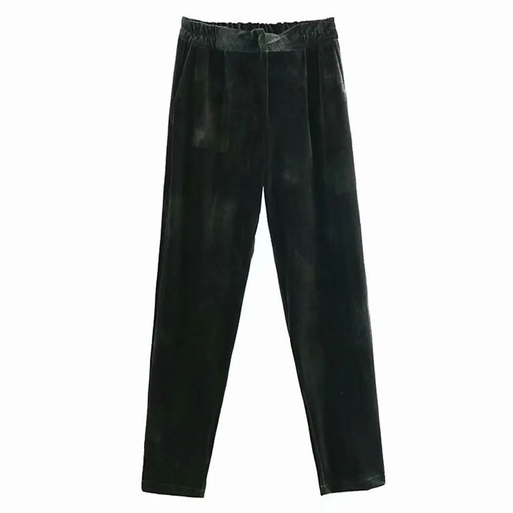 

FIRSTTO Retro Velvet Pants Green 2018 New Women Vintage Casual Back Elastic Waist Small Straight Long Velour Trousers Femme