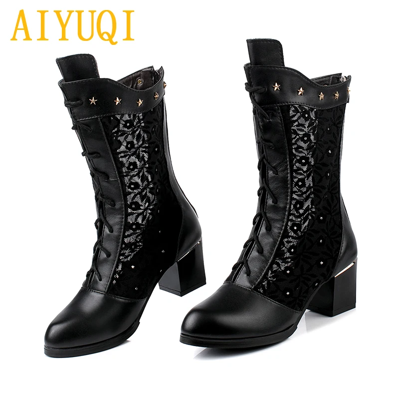 AIYUQI Women Summer Boots 2020 Spring New genuine leather Mesh Boots Women Plus size fashion high heels women shoes