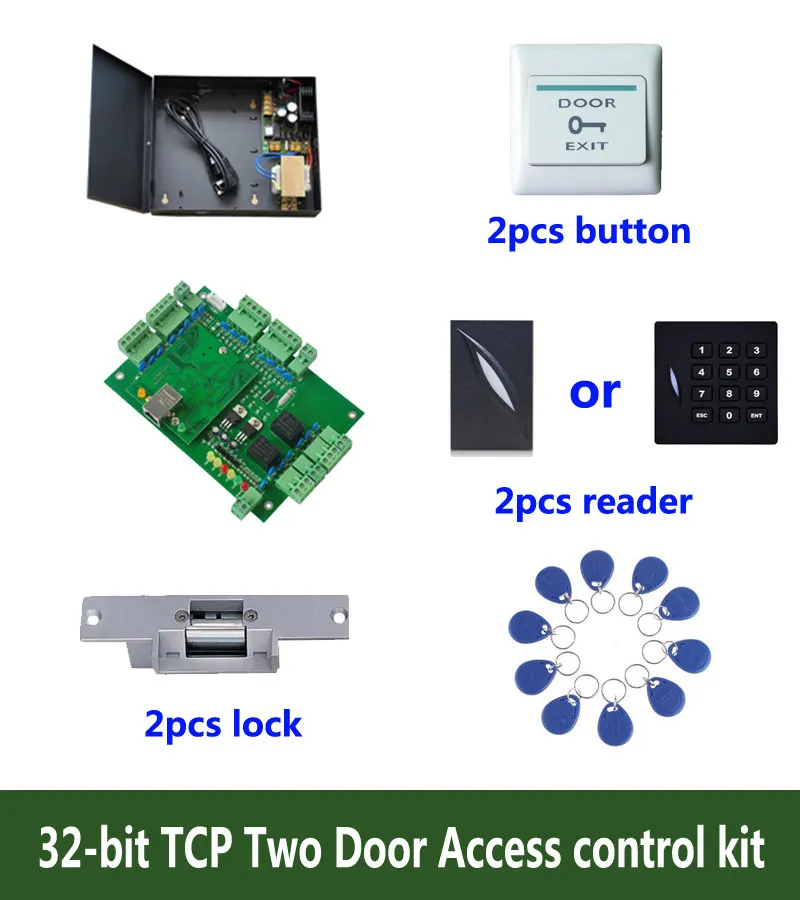 

RFID 32-Bit Access Control Kit,TCP/Ip Two Door Access Control+Powercase+Strike Lock +ID Reader+Exit Button+10 ID Tag,Sn:Kit-T201