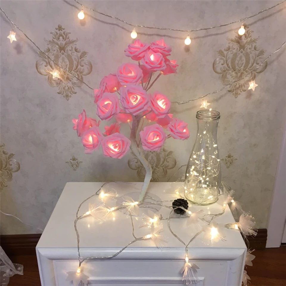 HUSUYUHU цветок розовый куст настольная лампа Свадебная Спальня украшение дома ЕС/США штекер светодиодный гирлянда ночные светильники черный белый база