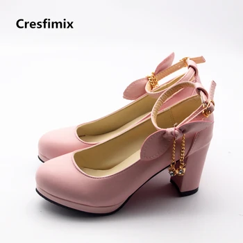 

Cresfimix women sexy pink pu leather bow tie buckle strap high heel pumps lady fashion wedding & party high heel shoes zapatos