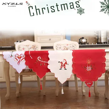 

XYZLS 40x170cm Christmas Embroidered Table Runner Mat Tablecloth Xmas Flag Home Party Decor Red Table Runners 1PC