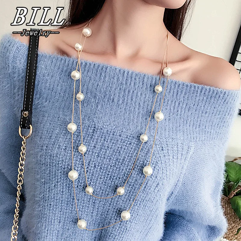 

N826 Long Double Layer Simulated Pearls Necklaces Clavicle Fashion Jewelry Sweater Chain Necklace For Women NEW Arrival 2018