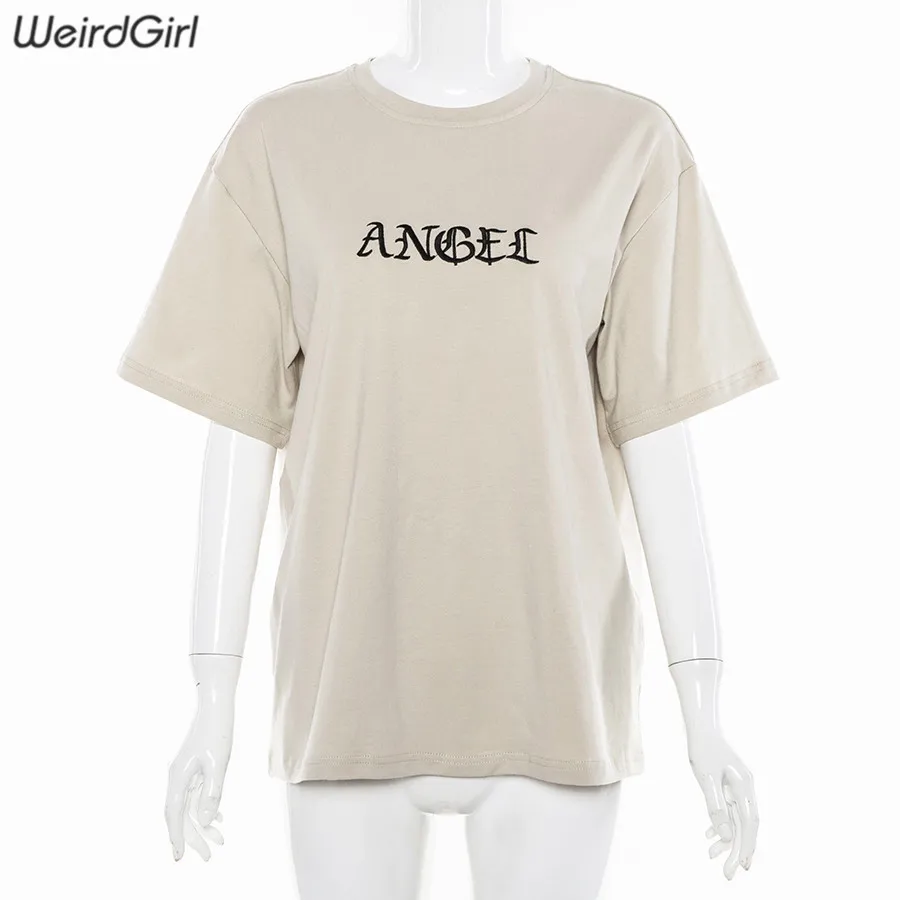 Weirdgirl, женские повседневные модные футболки с вышивкой ангела, с буквенным принтом, с коротким рукавом, с круглым вырезом, цвета хаки, свободные эластичные женские футболки, летняя Новинка