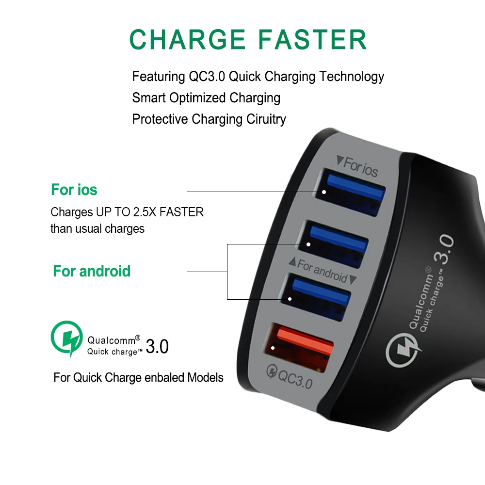 AS QC3.0 شاحن سيارة الهاتف المحمول سيارة-شاحن 4 ميناء USB شاحن سيارة سريعة الهاتف محول ل فون سامسونج Xiaomi