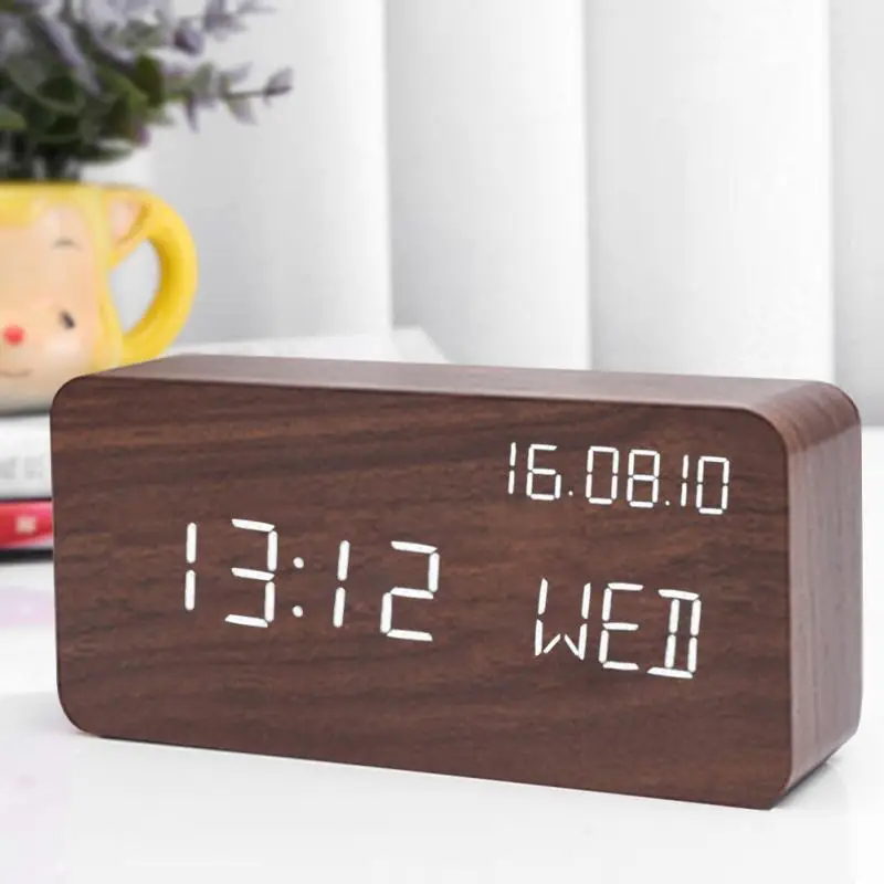 Светодиодный деревянный куб часы Голосовое управление электронные настольные часы светодиодный цифровые часы без радио для детей прикроватный будильник - Цвет: 3