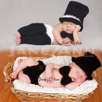 

Jane Z Ann Newborn photography props hat+pants+bow tie infant boy gentlemen crochet outfit handmade knitting cotton yarn clothes