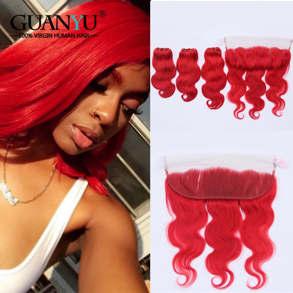 

Guanyuhair Dark Red Remy Hair 3 Bundles With 13x4 Lace Frontal Closure Ear to Ear Brazilian Body Wave Human Hair Weave